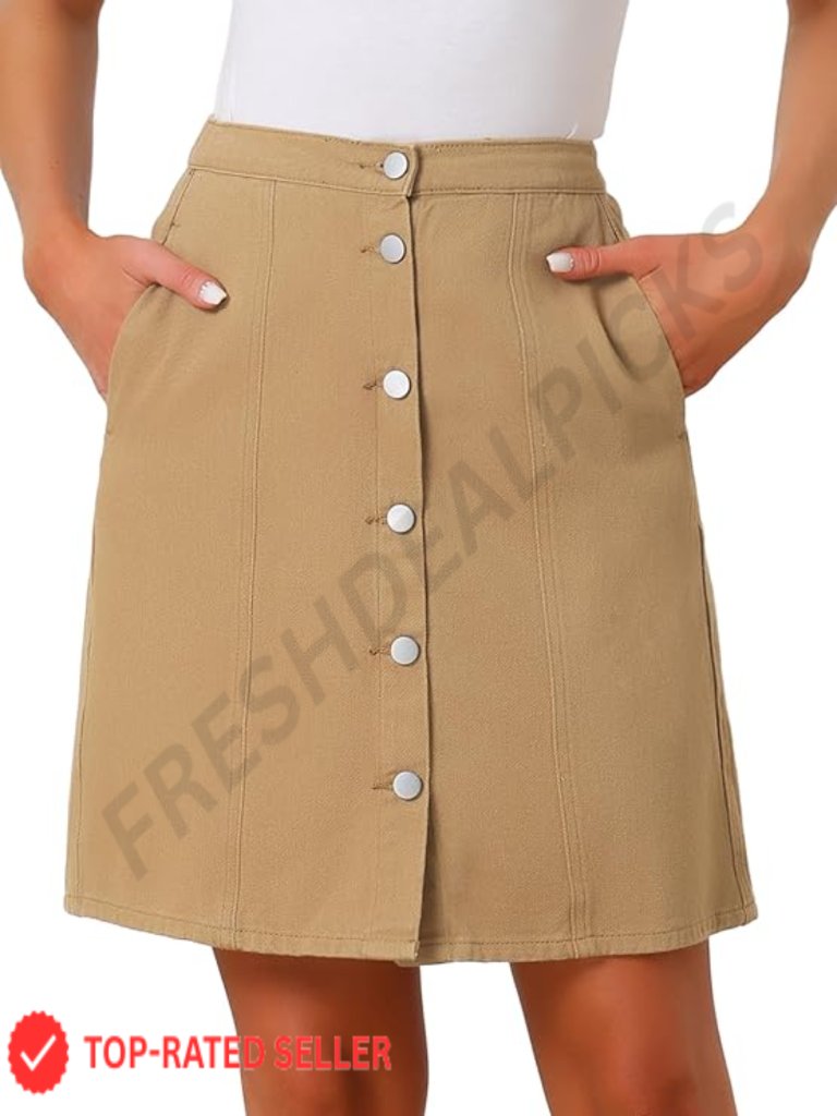 Denim A-Line Skirt Casual High Waist Button Front Elastic Back Knee Length